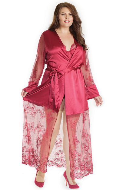 Coquette Glamour Diva Satin Eyelash Lace Merlot Red Long Robe