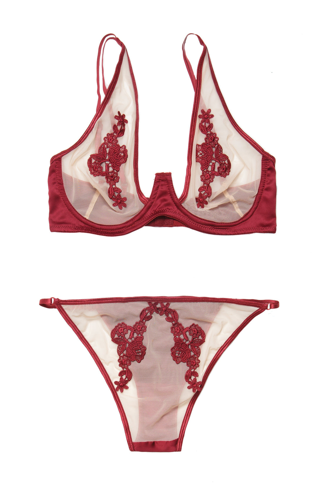 Coquette Plunge Underwire Bra Set Satin Sheer Nylon Applique Lace Merlot