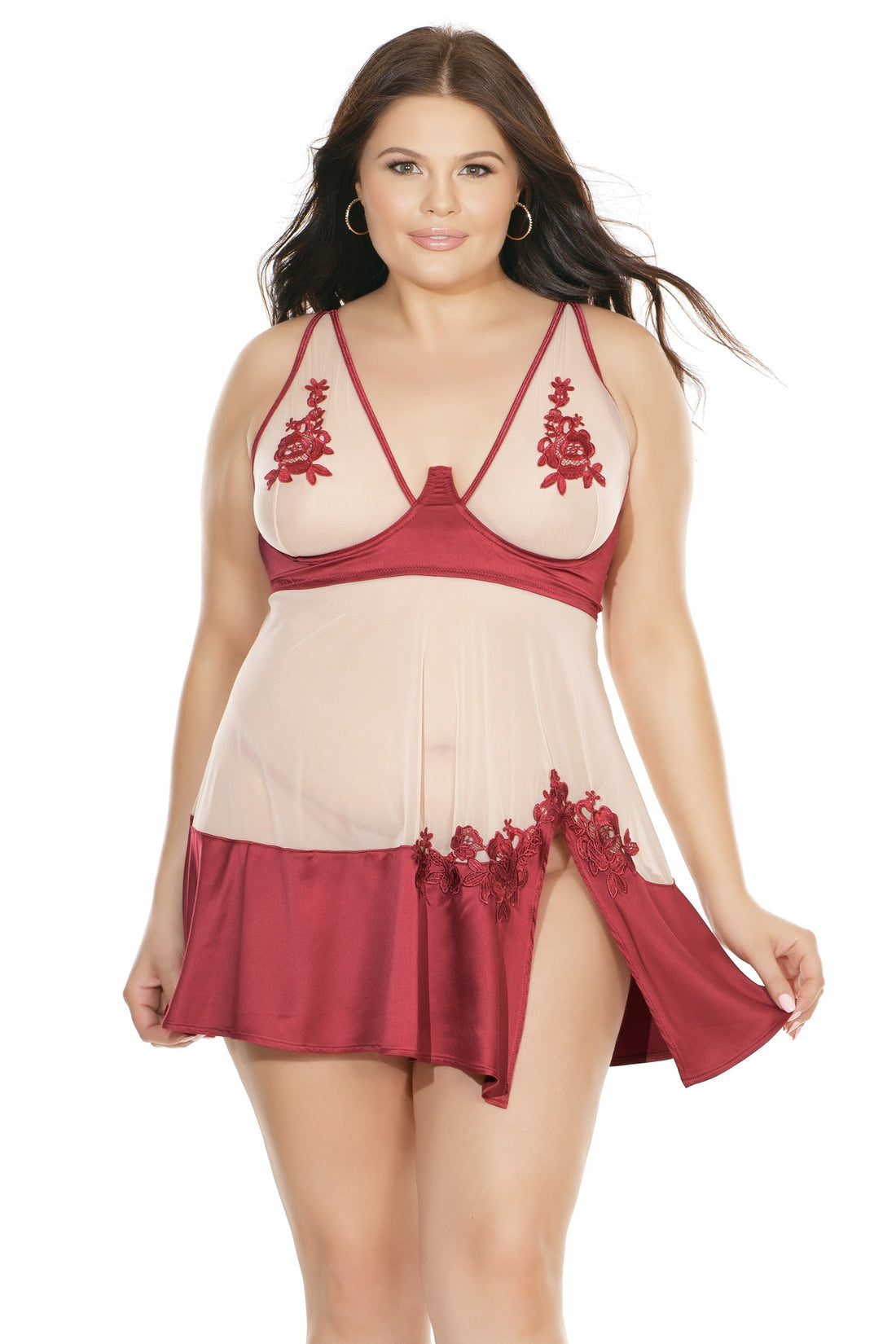 Coquette Diva Gorgeous Satin Underwire Babydoll and G-String Set Merlot Red