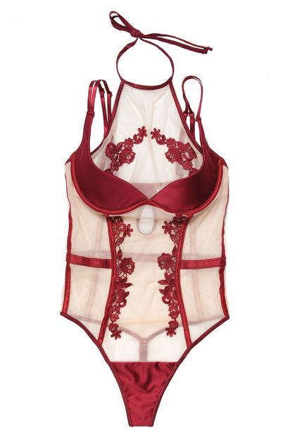 Coquette Gorgeous Satin Teddy Bodysuit Padded Demi Cups Merlot Red