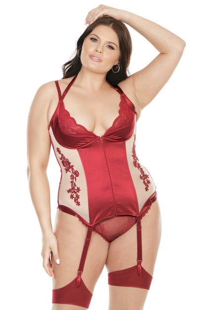 Coquette Plus Gorgeous Satin Merrywidow Bustier Lace Up Back Merlot Red