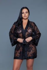 BeWicked Delia Robe Floral Lace Robe with Satin Trimming