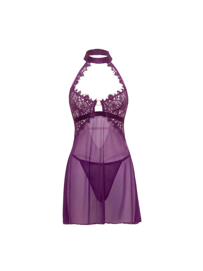 Oh la la Cheri Kennedy Sheer Lace Babydoll Set Purple