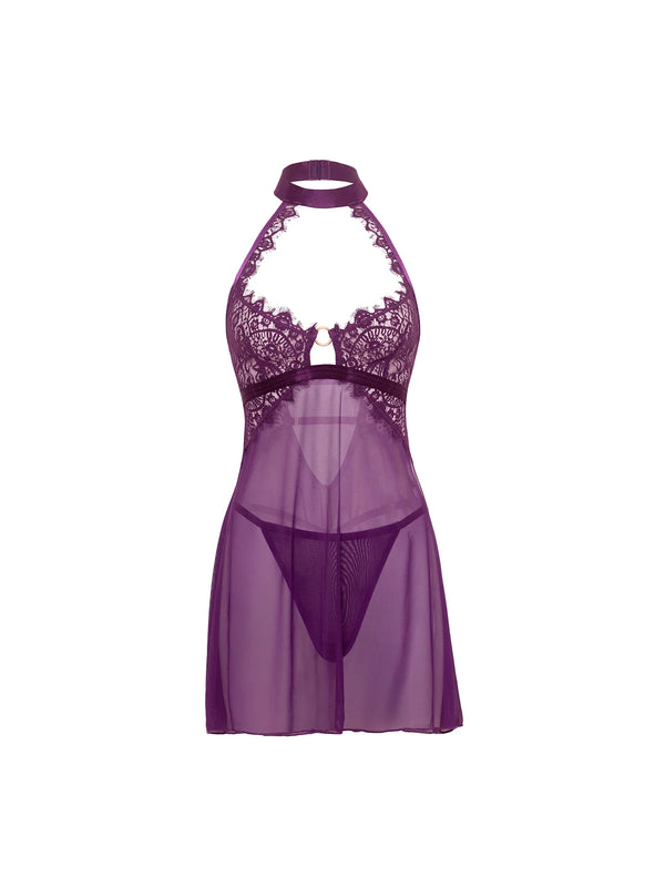Oh la la Cheri Kennedy Sheer Lace Babydoll Set Purple