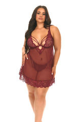 Oh la la Cheri Queen Wynter Unlined Underwire Babydoll with Romantic Lace Inserts and Matching Panty Zinfandel