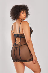 iCollection Lea Strappy Lace Chemise & G-String Black