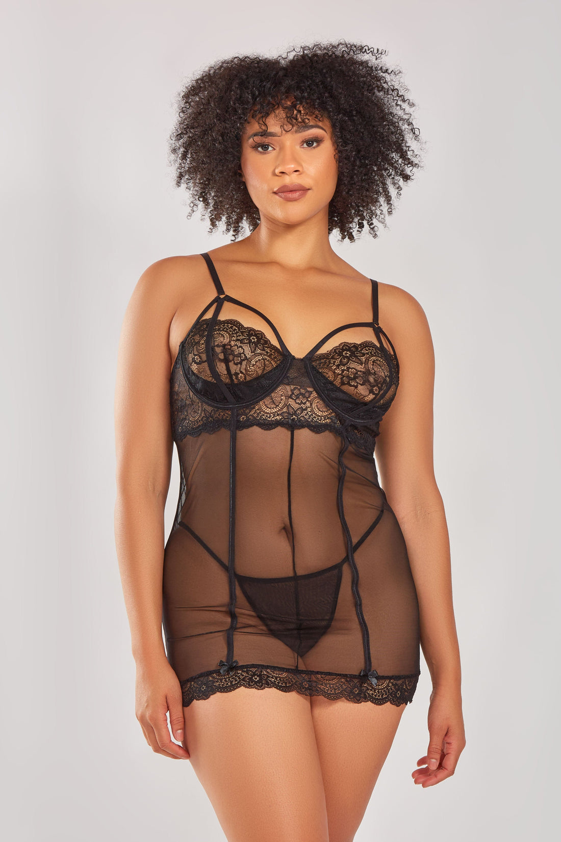 iCollection Lea Strappy Lace Chemise & G-String Black