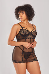 iCollection Lea Strappy Lace Chemise & G-String Black