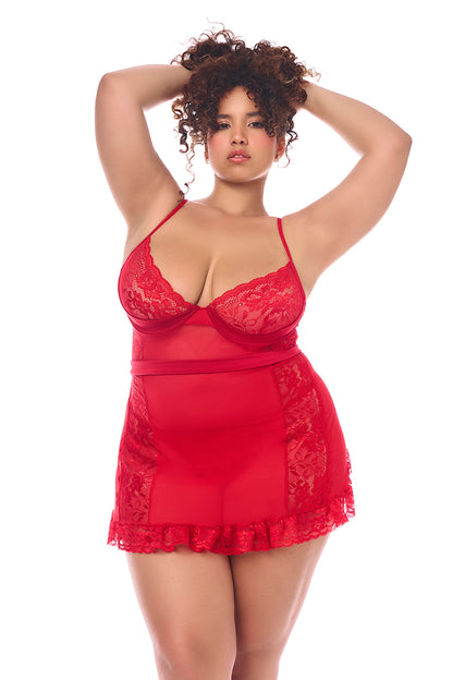 Mapale Queen Playful Babydoll Ruffle Trims Back Tie Heart Thong