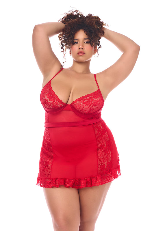 Mapale Queen Playful Babydoll Ruffle Trims Back Tie Heart Thong