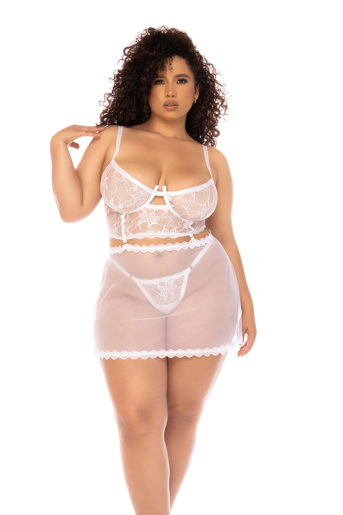 Mapale Lingerie Queen Bridal Lace Bra Set Transparent Mesh Babydoll Duo White