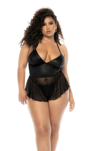 Mapale Lingerie Queen Wet Look Sheer Romper Flutter Teddy Black