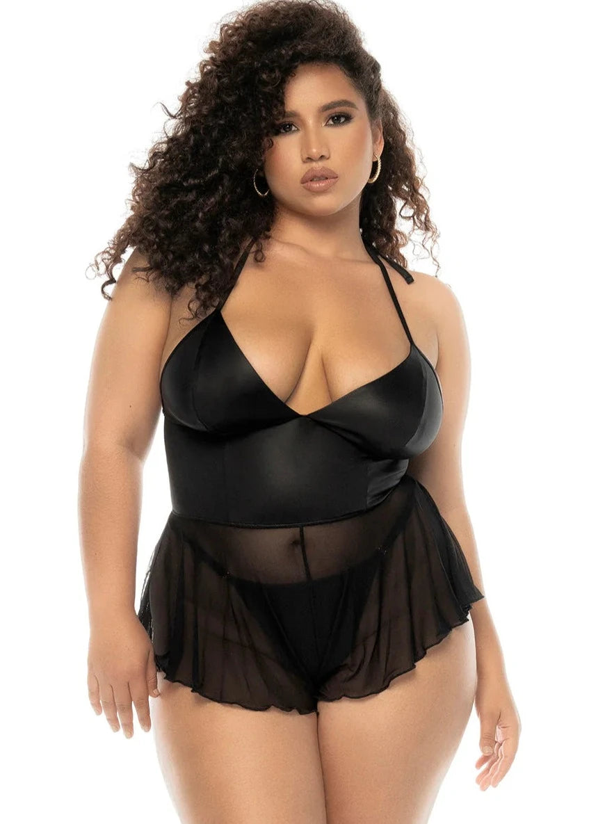 Mapale Lingerie Queen Wet Look Sheer Romper Flutter Teddy Black