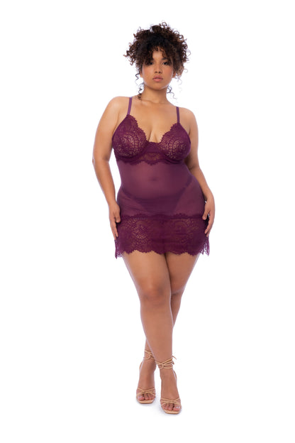 Mapale Plus Queen Eyelash Lace Sheer Underwire Babydoll Wine