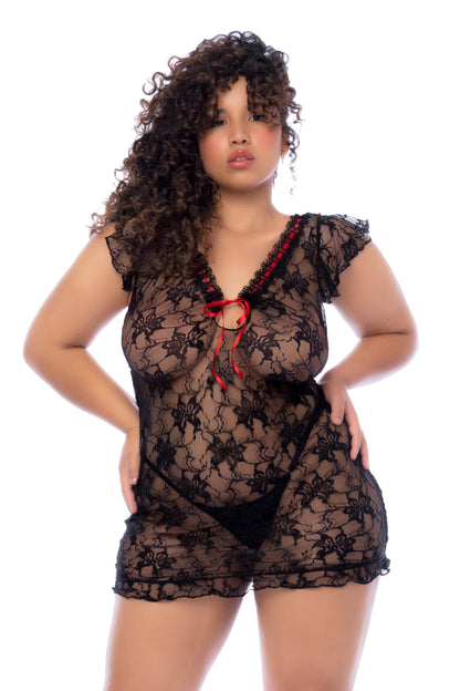 Mapale Plus Size Queen Romantic Lace Red Bow Back Babydoll Black