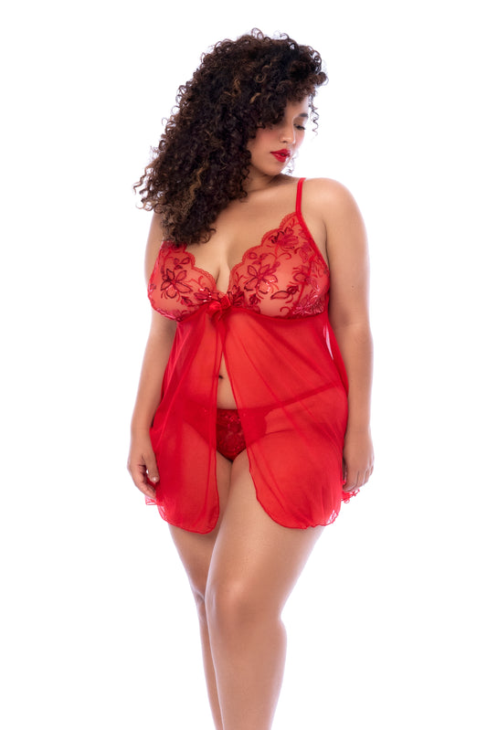 Mapale Plus Size Queen Sequins Floral Transparent Babydoll Red