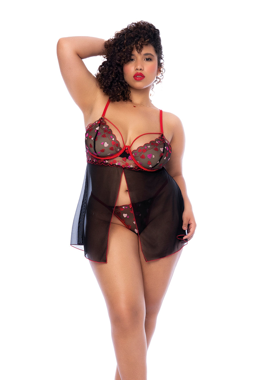 Mapale Plus Size Queen Embroidered Hearts Underwire Babydoll Black/Red