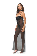 Oh la la Cheri Tory Vinyl Padded Cup Cowl Neckline Gown with Collar and Piercing Ring Details Black