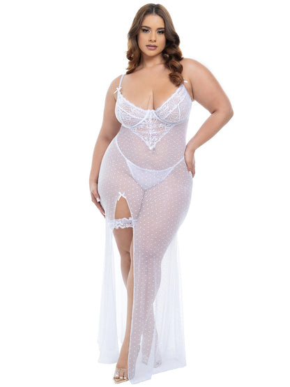 Oh la la Cheri Curvy Bridal Livia Sheer Gown & Garter Set White