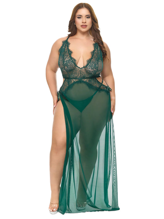 Oh la la Cheri Curvy Cami Lace and Mesh Night Gown Green