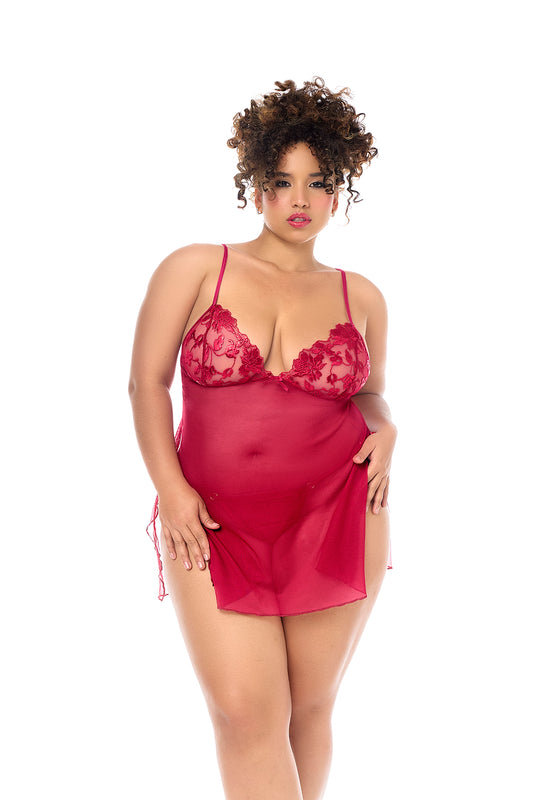 Mapale Queen Sheer Mesh Holiday Metallic Embroidered Cups Babydoll