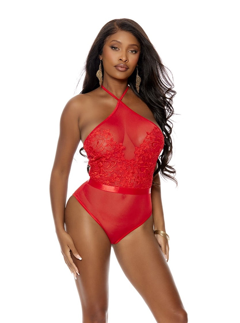 Elegant Moments Holiday Embroidered Mesh Halter Teddy Red