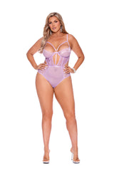 Elegant Moments Plus Purple Mesh Lace Caged Underwire Teddy Bodysuit Orchid Bloom