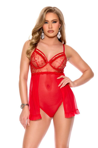 Elegant Moments Queen Holiday Embroidered Mesh Skirted Teddy Red