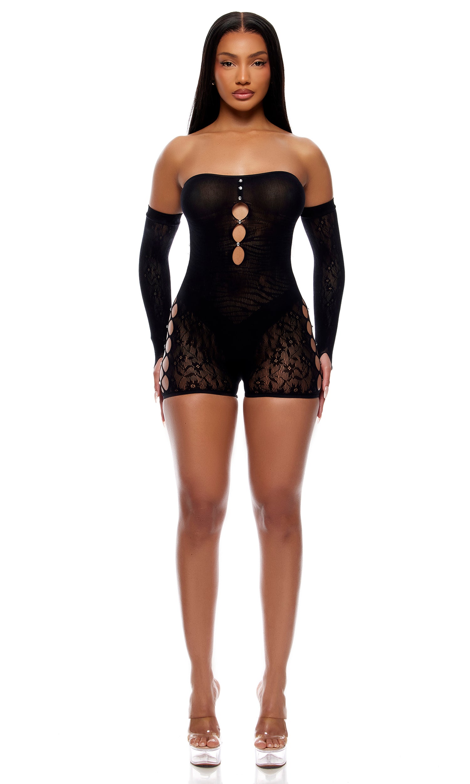 Forplay Lingerie Queen Cross your Mind Romper Bodystocking Lingerie Set Black