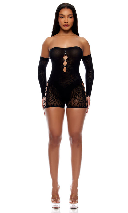 Forplay Lingerie Queen Cross your Mind Romper Bodystocking Lingerie Set Black