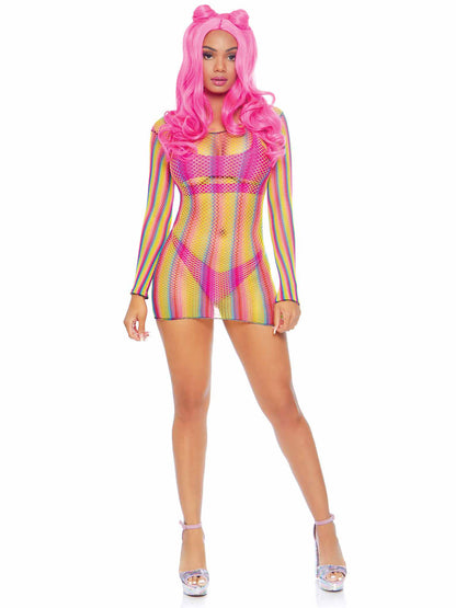 Leg Avenue Rainbow Fishnet Long Sleeved Mini Dress - One Size - Multicolor