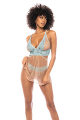 Mapale Lingerie Spring Sheer Mesh Babydoll Lace Bra Set Blue S/M