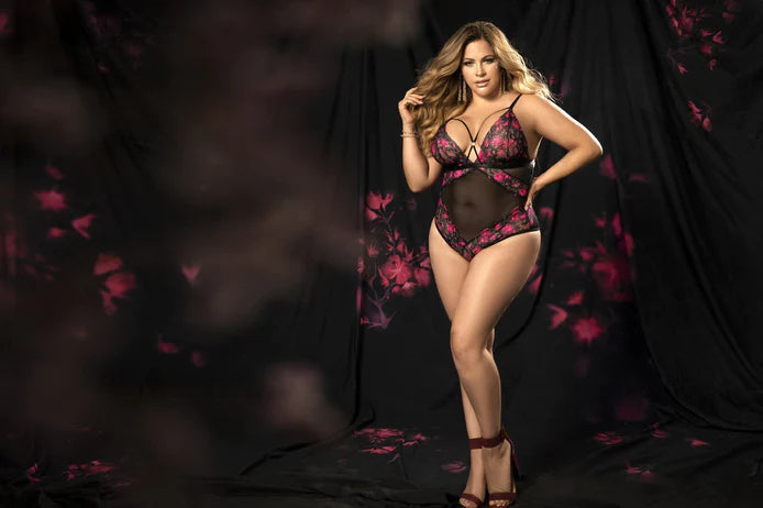 Mapale Lingerie Plus Demi Cup Lace & Mesh Teddy Black/Hot Pink