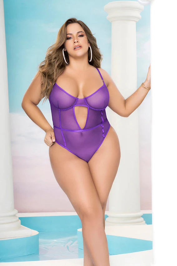 Mapale Lingerie Plus Underwire Sheer Mesh Teddy Orchid Purple