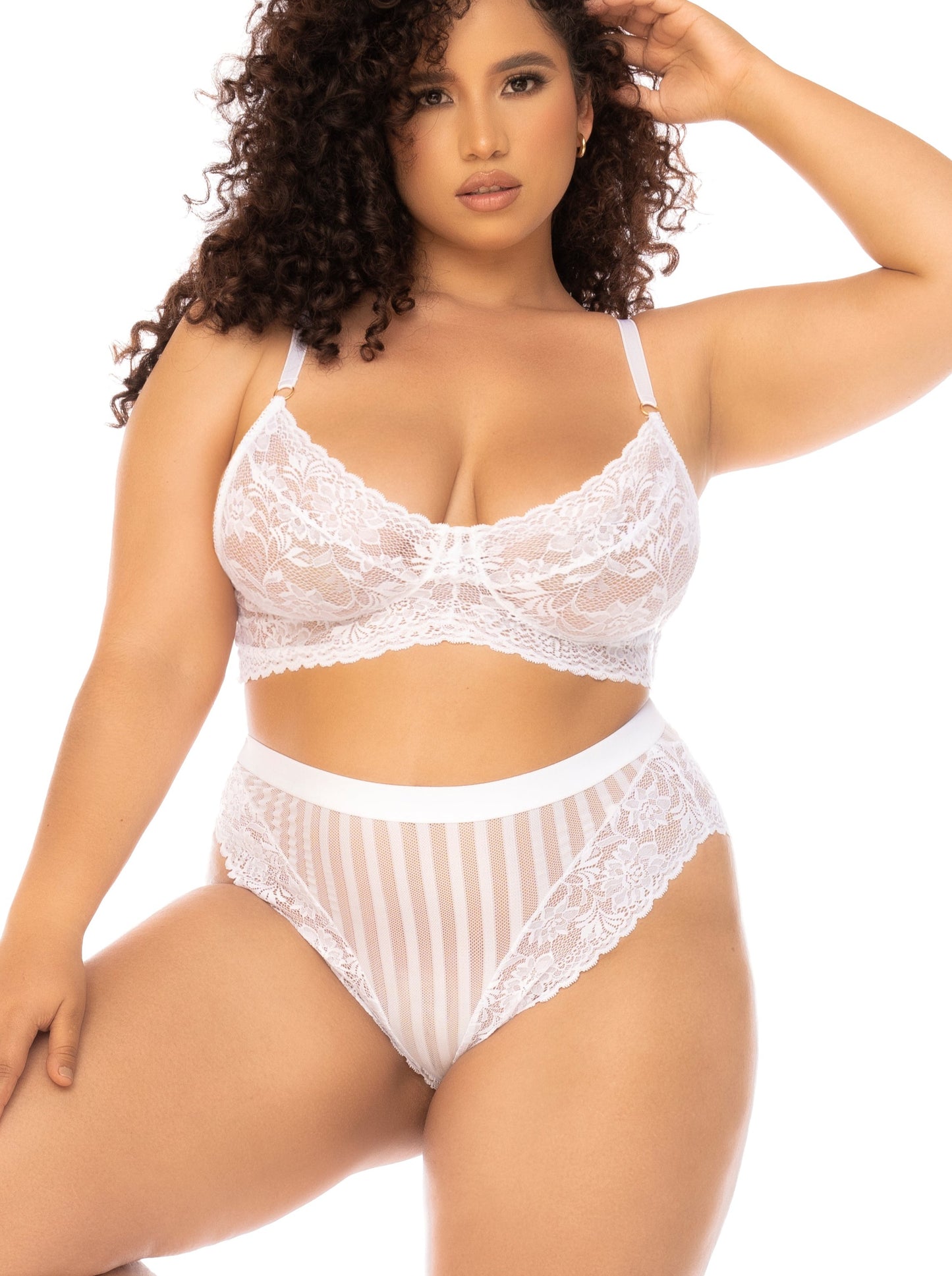 Mapale Lingerie Queen Bridal Floral Lace Striped Mesh Bra Set White