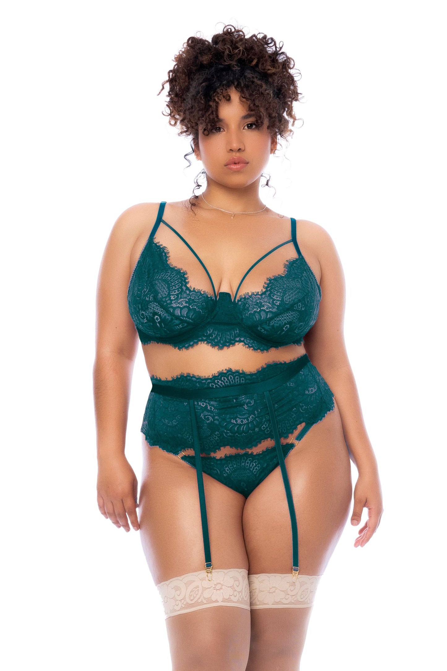 Mapale Plus Size Queen Eyelash Lace Garter Bra Set Sea Green