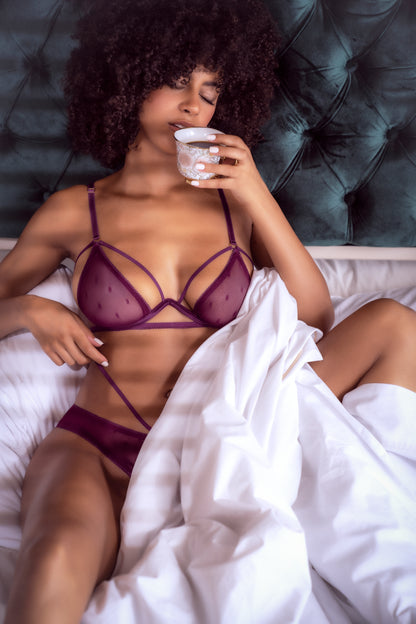 Mapale Polka Dot Mesh Bralette Bra Set Wine