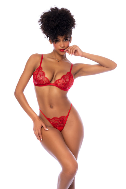 Mapale Sequin Embroidered Mesh Gartered Bra Set Red