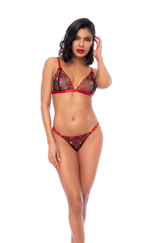 Mapale Heart Embroidery Bralette Bra Set Black/Red