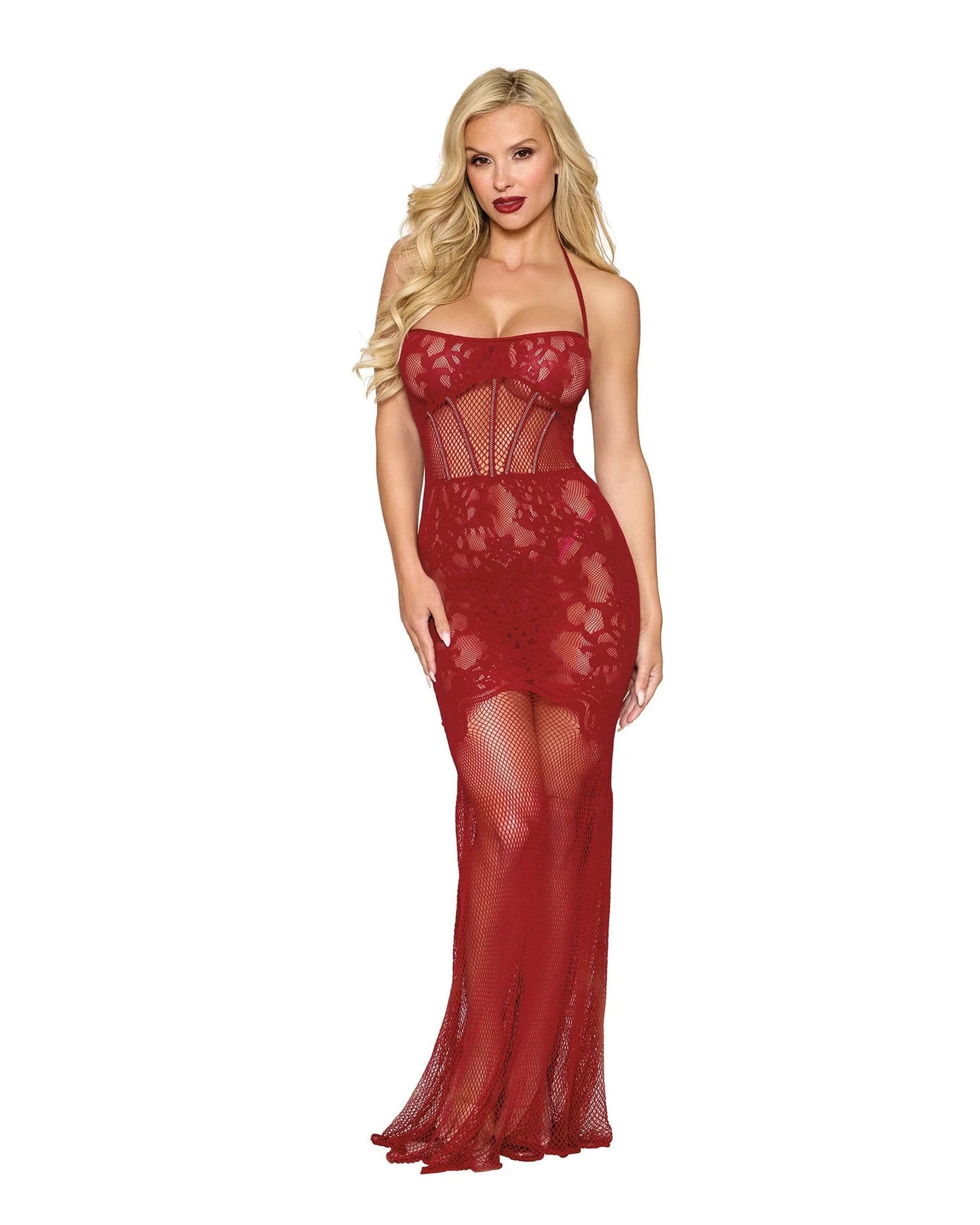 Dreamgirl Rhinestone Lace Mesh Seamless Halter Bodystocking Gown Ox Blood