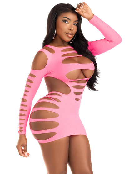 Leg Avenue Opaque Shredded Cut Out Mini Dress - One Size - Neon Pink