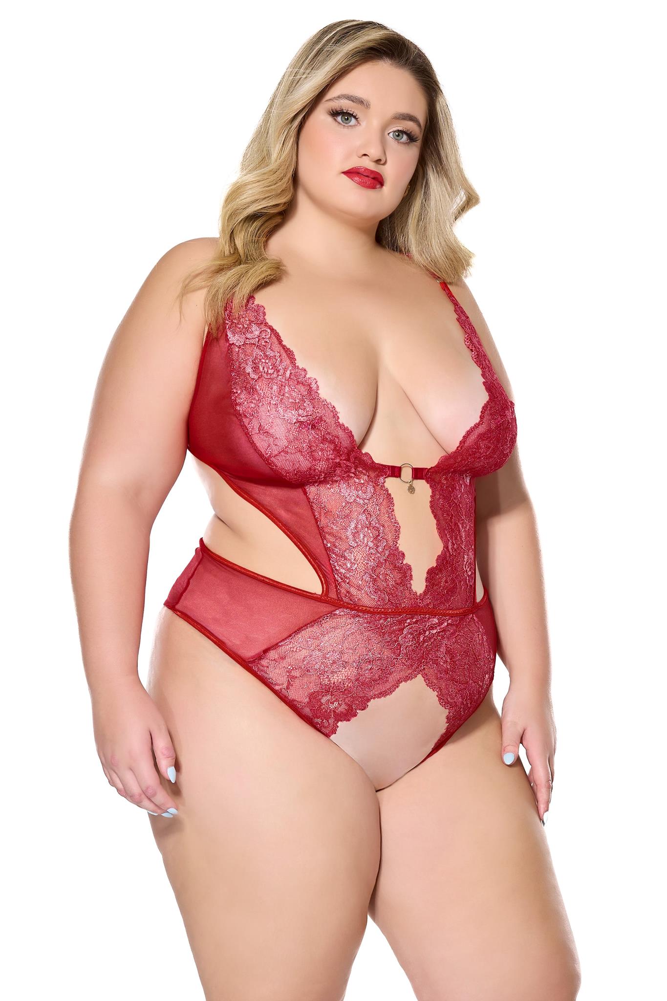 Coquette Diva Metallic Scallop Lace Crotchless Teddy Red/Silver XL