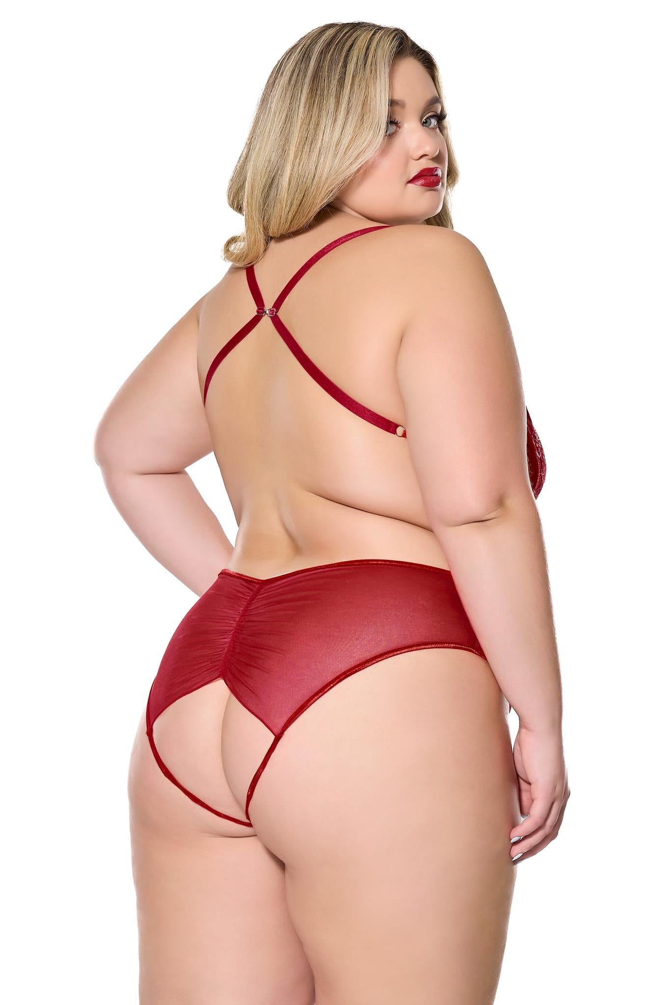 Coquette Diva Metallic Scallop Lace Crotchless Teddy Red/Silver XL