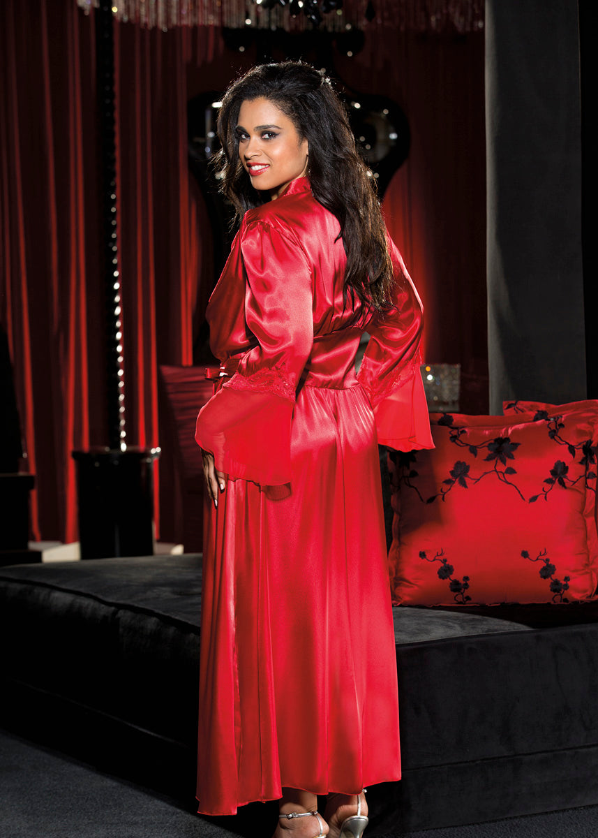 Shirley of Hollywood Plus Luxurious Lace Satin Chiffon Long Robe w/Pockets Red