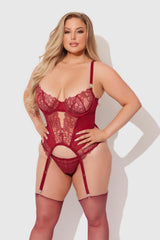 House of Desire Eden Embroidered Lace Bustier Set Rhubarb Small