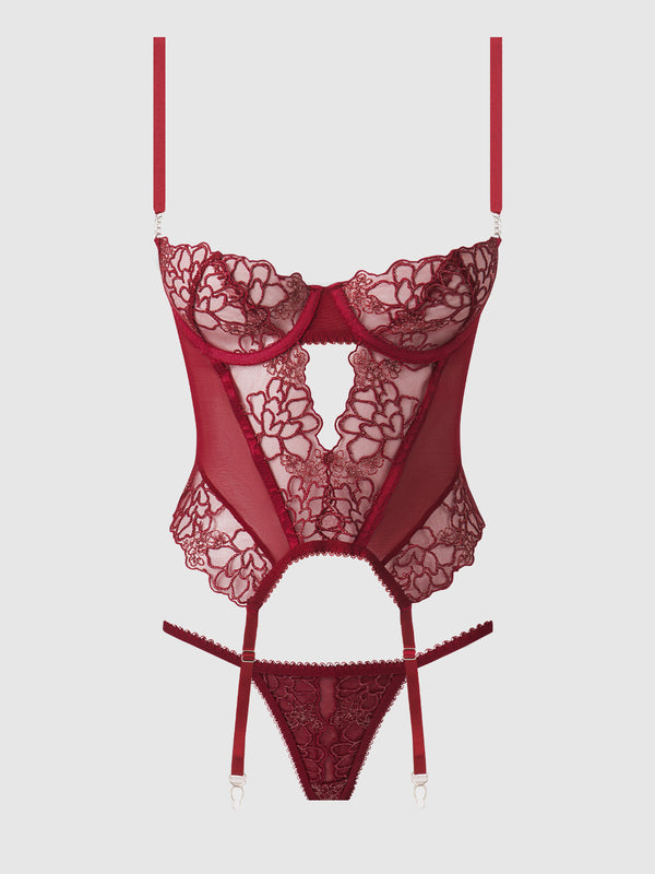 House of Desire Eden Embroidered Lace Bustier Set Rhubarb Small