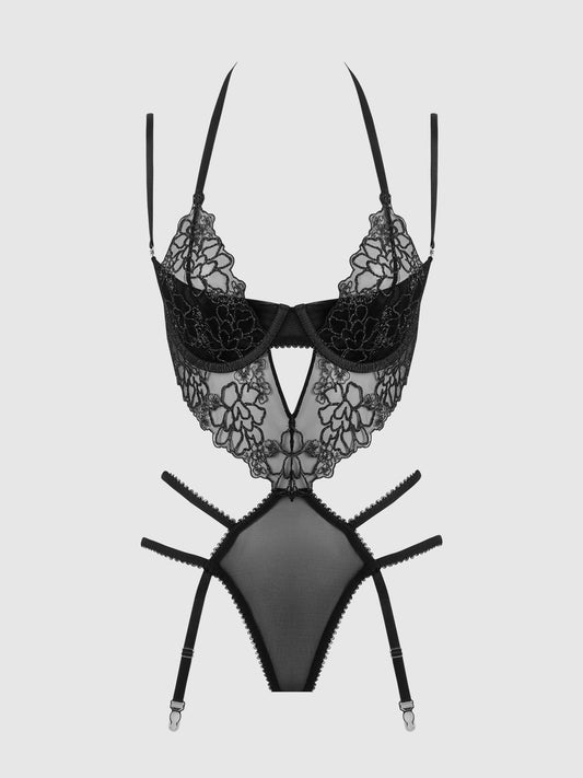 House of Desire Eden Embroidered Lace Gartered Teddy Black Small