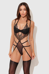 House of Desire Eden Embroidered Lace Gartered Teddy Black Small