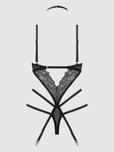 House of Desire Eden Embroidered Lace Gartered Teddy Black Small