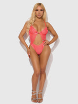 House of Desire Eden Embroidered Lace Wirefree Teddy Neon Coral Large